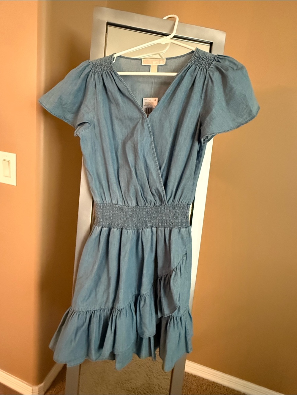 Michael Kors Blue Chambray Ruffle Wrap Mini Dress